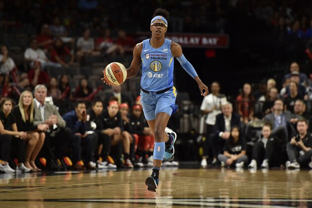 LAS VEGAS, NV - JULY 2: Diamond DeShields #1 of the Chicago Sky handles the ball against the Las Vegas Aces on July 2, 2019 at the Mandalay Bay Events Center in Las Vegas, Nevada. NOTE TO USER: User expressly acknowledges and agrees that, by downloading and or using this photograph, User is consenting to the terms and conditions of the Getty Images License Agreement. Mandatory Copyright Notice: Copyright 2019 NBAE  (Photo by David Becker/NBAE via Getty Images)