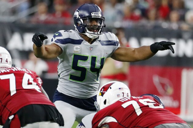FILE - In this Sept. 30, 2018, file photo, Seattle Seahawks linebacker Bobby Wagner (54) gestures at the line of scrimmage during an NFL football game against the Arizona Cardinals in Glendale, Ariz. Seattle (6-5) has won two straight and has a direct path to an NFC playoff berth in a season no one really expected them to be in the conversation at the beginning of December. (AP Photo/Rick Scuteri, File)