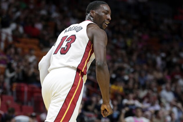Miami Heat center Bam Adebayo (13) reacts after scoring during the second half of an NBA basketball game against the Toronto Raptors, Sunday, March 10, 2019, in Miami. The Raptors won 125-104. (AP Photo/Lynne Sladky)