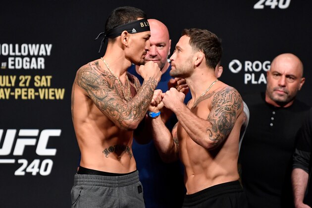 EDMONTON, AB - JULY 26:  (L-R) Max Holloway and Frankie Edgar face off during the UFC 240 weigh-in at Rogers Place on July 26, 2019 in Edmonton, Alberta, Canada. (Photo by Jeff Bottari/Zuffa LLC/Zuffa LLC via Getty Images)