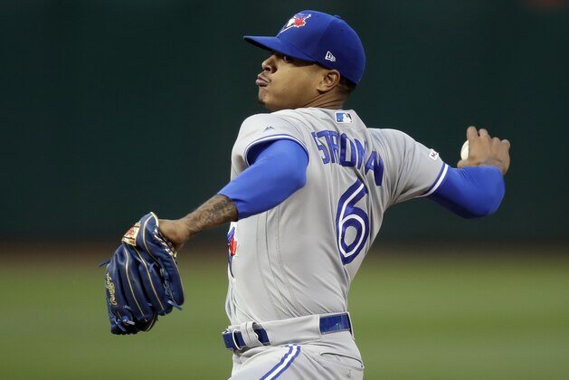 Toronto Blue Jays pitcher Marcus Stroman works against the Oakland Athletics in the first inning of a baseball game Friday, April 19, 2019, in Oakland, Calif. (AP Photo/Ben Margot)
