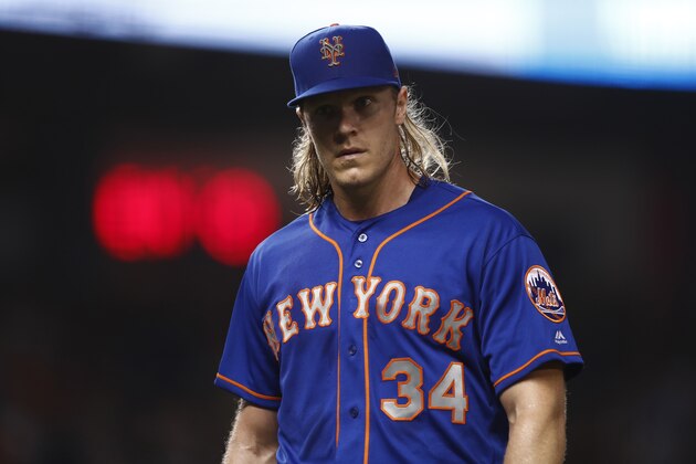 New York Mets starting pitcher Noah Syndergaard (34) in action during a baseball game against the Miami Marlins on Saturday, July 13, 2019, in Miami. (AP Photo/Brynn Anderson)