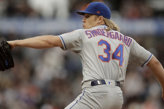 New York Mets pitcher Noah Syndergaard works against the San Francisco Giants during the first inning of a baseball game Thursday, July 18, 2019, in San Francisco. (AP Photo/Ben Margot)