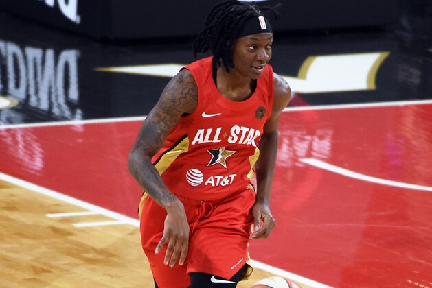 LAS VEGAS, NV - JULY 27: Erica Wheeler #17 of Team Wilson handles the ball during the game during the AT&T WNBA All-Star Game 2019 on July 27, 2019 at the Mandalay Bay Events Center in Las Vegas, Nevada. NOTE TO USER: User expressly acknowledges and agrees that, by downloading and or using this photograph, user is consenting to the terms and conditions of the Getty Images License Agreement. Mandatory Copyright Notice: Copyright 2019 NBAE (Photo by Cooper Neill/NBAE via Getty Images)