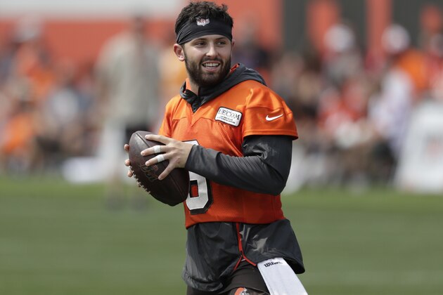 Cleveland Browns quarterback Baker Mayfield looks to throw during practice at the NFL football team's training camp facility, Friday, July 26, 2019, in Berea, Ohio. (AP Photo/Tony Dejak)