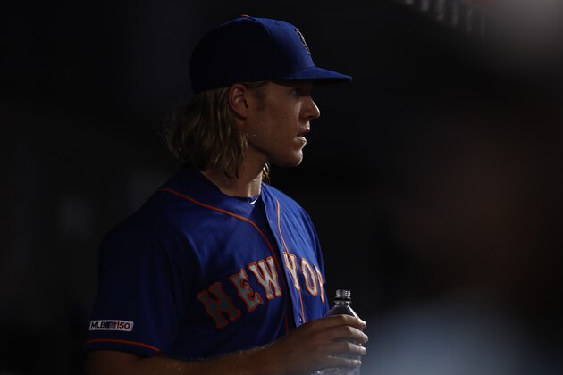 New York Mets starting pitcher Noah Syndergaard (34) in action during a baseball game against the Miami Marlins on Saturday, July 13, 2019, in Miami. (AP Photo/Brynn Anderson)