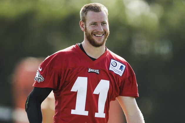 Philadelphia Eagles quarterback Carson Wentz during practice at the NFL football team's training camp in Philadelphia, Friday, July 26, 2019. (AP Photo/Matt Rourke)