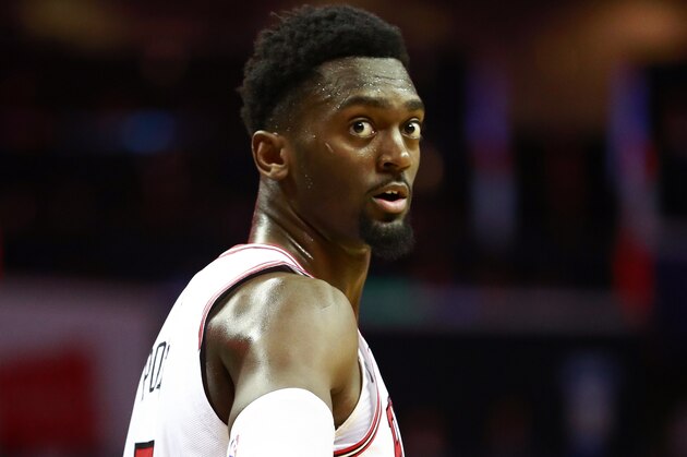 Chicago Bulls forward Bobby Portis signals after hitting a three-point basket against the Charlotte Hornets in the first half of an NBA basketball game Saturday, Feb. 2, 2019, in Charlotte, N.C. (AP Photo/Jason E. Miczek)
