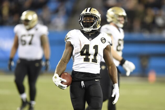 New Orleans Saints' Alvin Kamara (41) celebrates his run against the Carolina Panthers in the second half of an NFL football game in Charlotte, N.C., Monday, Dec. 17, 2018. (AP Photo/Mike McCarn)