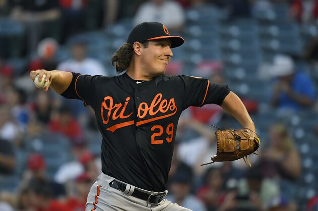 Baltimore Orioles starting pitcher Asher Wojciechowski throws to the plate during the first inning of a baseball game against the Los Angeles Angels, Friday, July 26, 2019, in Anaheim, Calif. (AP Photo/Mark J. Terrill)