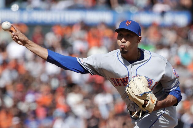 New York Mets pitcher Edwin Diaz throws against the San Francisco Giants during a baseball game in San Francisco, Sunday, July 21, 2019. (AP Photo/Jeff Chiu)
