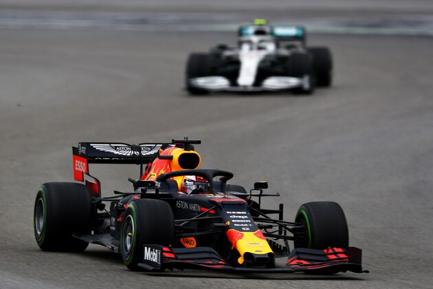 HOCKENHEIM, GERMANY - JULY 28: Max Verstappen of the Netherlands driving the (33) Aston Martin Red Bull Racing RB15 leads Valtteri Bottas driving the (77) Mercedes AMG Petronas F1 Team Mercedes W10 on track during the F1 Grand Prix of Germany at Hockenheimring on July 28, 2019 in Hockenheim, Germany. (Photo by Lars Baron/Getty Images)