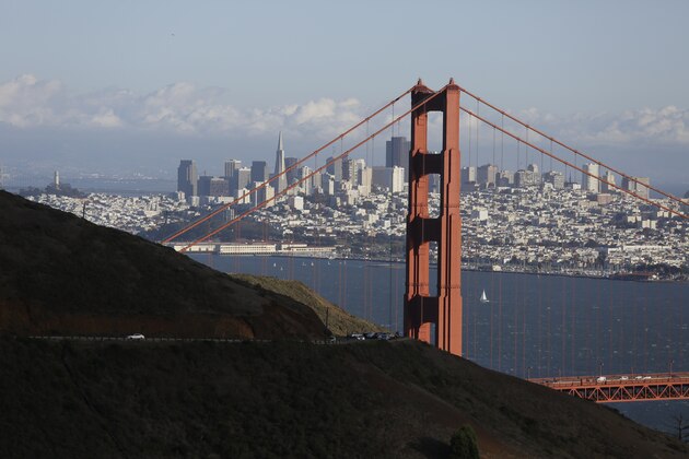 FILE- This Oct. 28, 2015, file photo shows the Golden Gate Bridge and San Francisco skyline from the Marin Headlands above Sausalito, Calif. An initiative that seeks to split California into three states is projected to qualify for the state's November 2018 ballot. The latest proposal for splitting up the Golden State  would create the states of Northern California, Southern California and a narrow central coast strip retaining the name California. Even if voters approve the initiative an actual split would still require the approval of the state Legislature and Congress. (AP Photo/Eric Risberg, File)