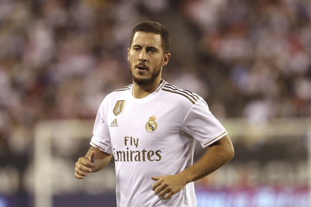 Real Madrid forward Eden Hazard in action during the second half of an International Champions Cup soccer match against Atletico Madrid, Friday, July 26, 2019, in East Rutherford, N.J. Atletico Madrid won 7-3. (AP Photo/Steve Luciano)