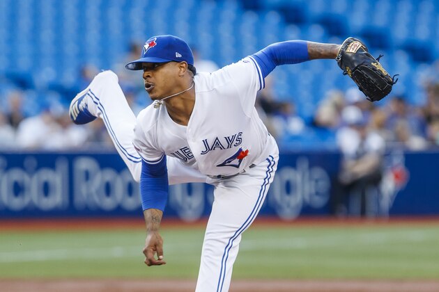 TORONTO, ONTARIO - JULY 24: Marcus Stroman #6 of the Toronto Blue Jays pitches against the Cleveland Indians in the third inning during their MLB game at the Rogers Centre on July 24, 2019 in Toronto, Canada. (Photo by Mark Blinch/Getty Images)