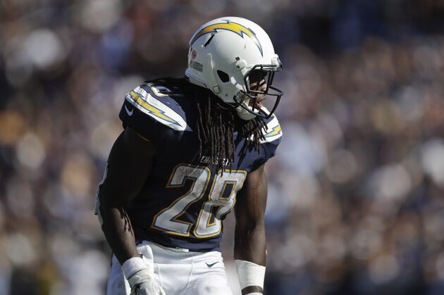 Los Angeles Chargers running back Melvin Gordon stands on the field during an NFL football game against the Los Angeles Rams Sunday, Sept. 23, 2018, in Los Angeles. (AP Photo/Jae C. Hong)