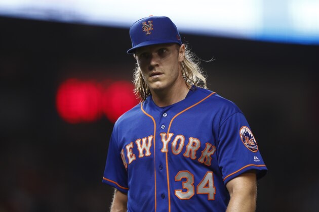 New York Mets starting pitcher Noah Syndergaard (34) in action during a baseball game against the Miami Marlins on Saturday, July 13, 2019, in Miami. (AP Photo/Brynn Anderson)