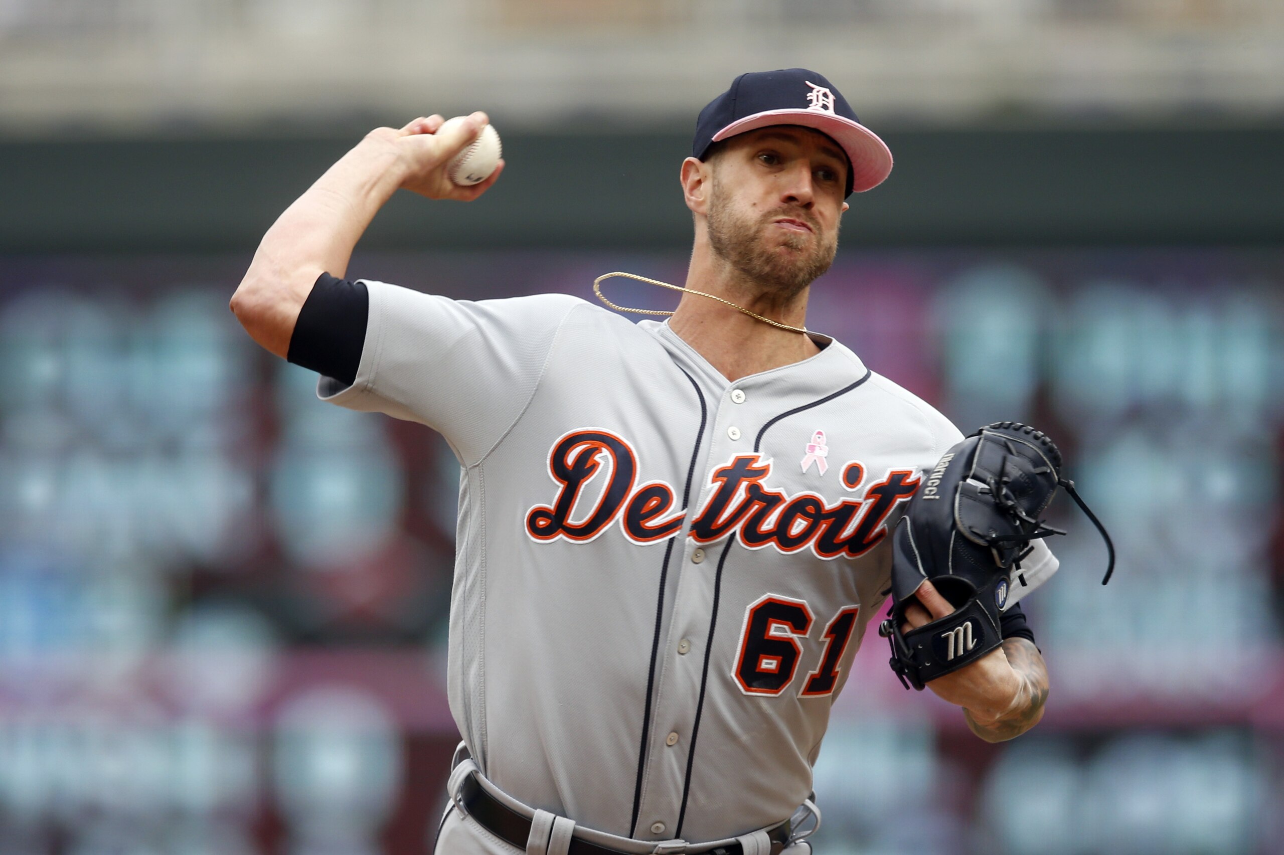 Detroit Tigers pitcher Shane Greene throws against the Minnesota Twins in a baseball game Sunday, May 12, 2019, in Minneapolis. (AP Photo/Jim Mone)