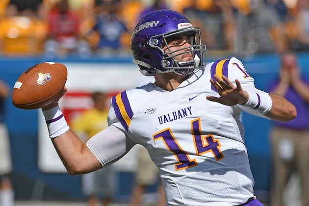PITTSBURGH, PA - SEPTEMBER 01: Vincent Testaverde #14 of the Albany Great Danes drops back to pass in the first quarter during the game against the Pittsburgh Panthers at Heinz Field on September 1, 2018 in Pittsburgh, Pennsylvania. (Photo by Justin Berl/Getty Images)