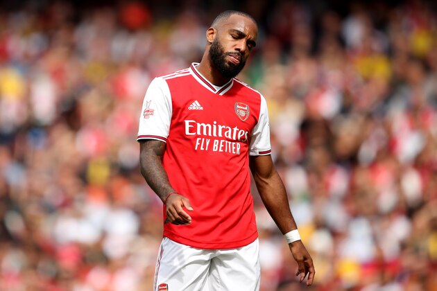 LONDON, ENGLAND - JULY 28: Alexandre Lacazette of Arsenal reacts before going off injured during the Emirates Cup match between Arsenal and Olympique Lyonnais at Emirates Stadium on July 28, 2019 in London, England. (Photo by Marc Atkins/Getty Images)