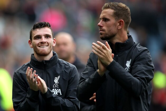 EDINBURGH, SCOTLAND - JULY 28: Andy Robertson of Liverpool (L) and Jordan Henderson of Liverpool applaud fans following the Pre-Season Friendly match between Liverpool FC and SSC Napoli at Murrayfield on July 28, 2019 in Edinburgh, Scotland. (Photo by Ian MacNicol/Getty Images)