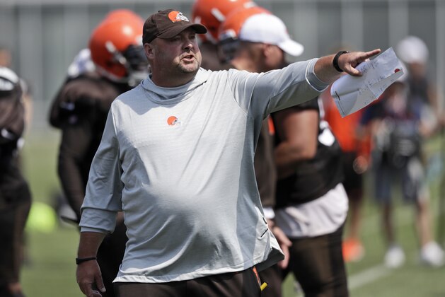 Cleveland Browns head coach Freddie Kitchens yells instructions to players during practice at the NFL football team's training camp facility, Saturday, July 27, 2019, in Berea, Ohio. (AP Photo/Tony Dejak)