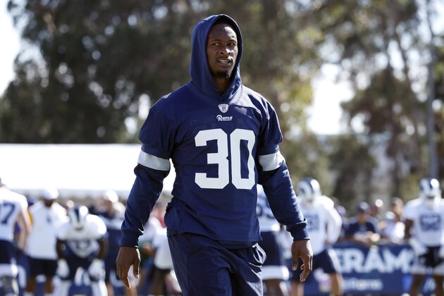 IRVINE, CALIFORNIA - JULY 28: Todd Gurley #30 of the Los Angeles Rams is seen during the second day of Training Camp on July 28, 2019 in Irvine, California. (Photo by Josh Lefkowitz/Getty Images)