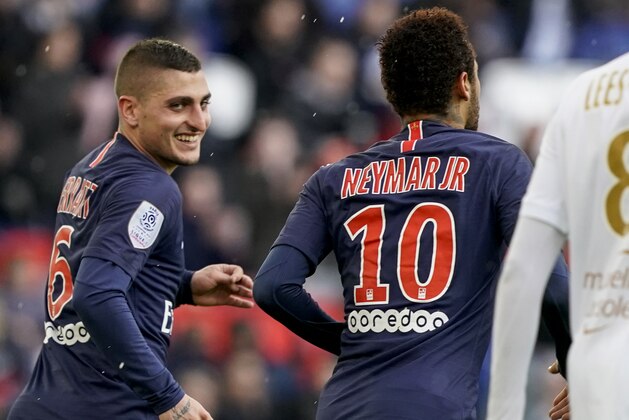 Paris Saint-Germain's Brazilian forward Neymar (R) celebrates after scoring a goal with Paris Saint-Germain's Italian midfielder Marco Verratti (L) during the French L1 football match between Paris Saint-Germain (PSG) and OGC Nice at the Parc des Princes stadium in Paris on May 4, 2019. (Photo by Lionel BONAVENTURE / AFP)        (Photo credit should read LIONEL BONAVENTURE/AFP/Getty Images)
