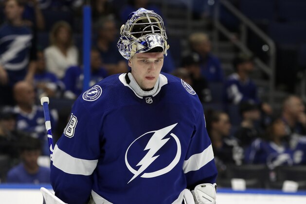 Tampa Bay Lightning goaltender Andrei Vasilevskiy skates around after giving up a goal to the Columbus Blue Jackets during the third period of Game 2 of an NHL Eastern Conference first-round hockey playoff series Friday, April 12, 2019, in Tampa, Fla. (AP Photo/Chris O'Meara)