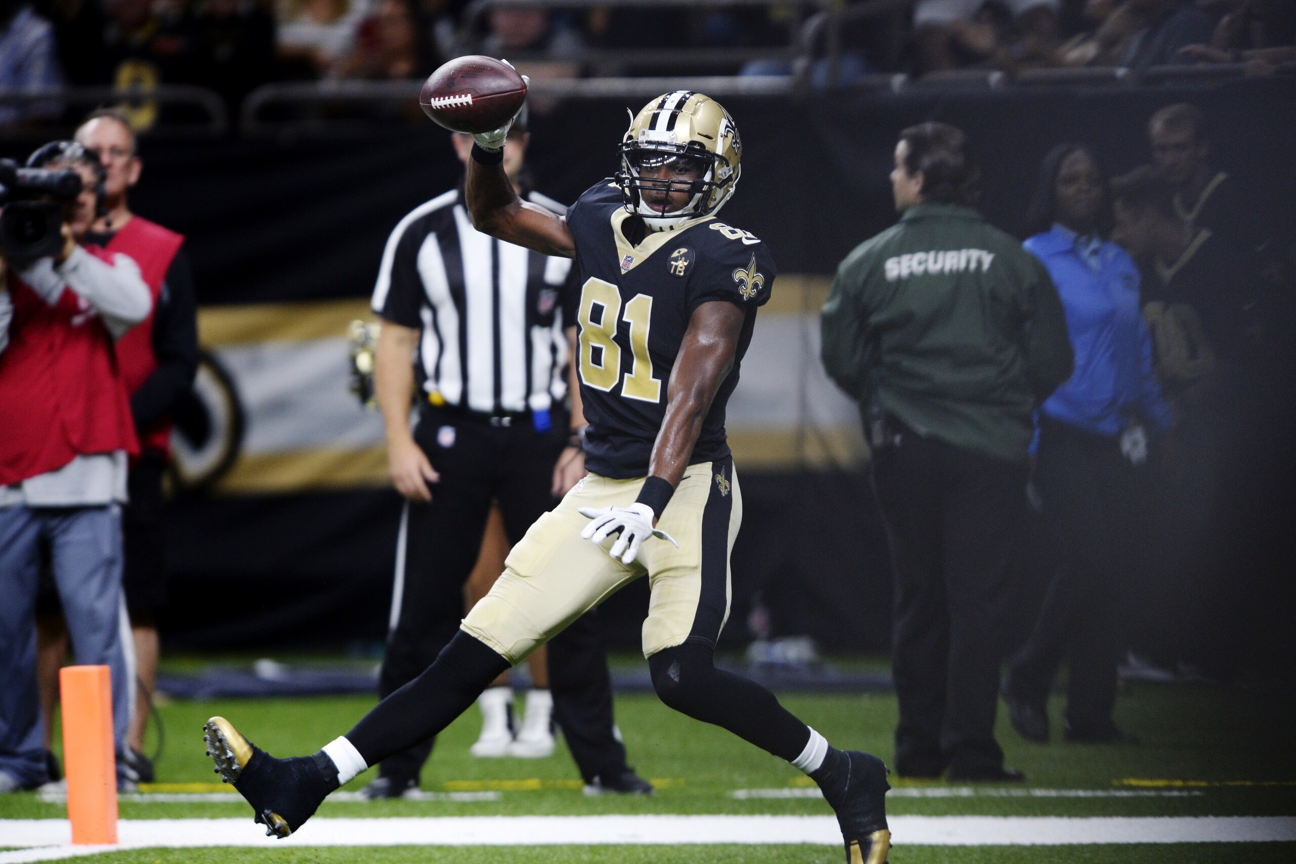 New Orleans Saints wide receiver Cameron Meredith (81) celebrates his touchdown reception in the first half of an NFL preseason football game against the Los Angeles Rams in New Orleans, Thursday, Aug. 30, 2018. (AP Photo/Bill Feig) New Orleans Saints wide receiver Cameron Meredith (81) celebrates his touchdown reception in the first half of an NFL preseason football game against the Los Angeles Rams in New Orleans, Thursday, Aug. 30, 2018. (AP Photo/Bill Feig)