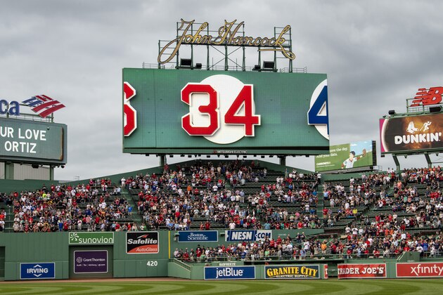 BOSTON, MA - JUNE 10: A moment of reflection is held as a message is displayed on the scoreboard for former designated hitter David Ortiz of the Boston Red Sox before a game against the Texas Rangers on June 10, 2019 at Fenway Park in Boston, Massachusetts. Ortiz  was injured after being shot in the Dominican Republic. (Photo by Billie Weiss/Boston Red Sox/Getty Images)
