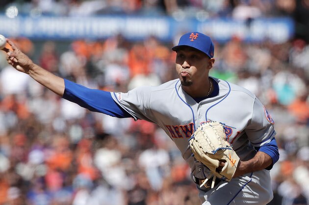 New York Mets pitcher Edwin Diaz throws against the San Francisco Giants during a baseball game in San Francisco, Sunday, July 21, 2019. (AP Photo/Jeff Chiu)