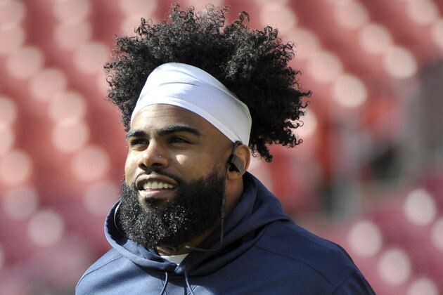 Dallas Cowboys running back Ezekiel Elliott warms up prior to an NFL football game against Washington Redskins, Sunday, Oct. 21, 2018, in Landover, Md. (AP Photo/Mark Tenally)