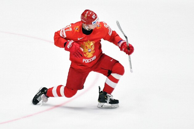Russia's forward Nikita Gusev celebrate scoring during the penalty shoot out of the IIHF Men's Ice Hockey World Championships bronze medal match between Russia and Czech Republic on May 26, 2019 in Bratislava. (Photo by JOE KLAMAR / AFP)        (Photo credit should read JOE KLAMAR/AFP/Getty Images)