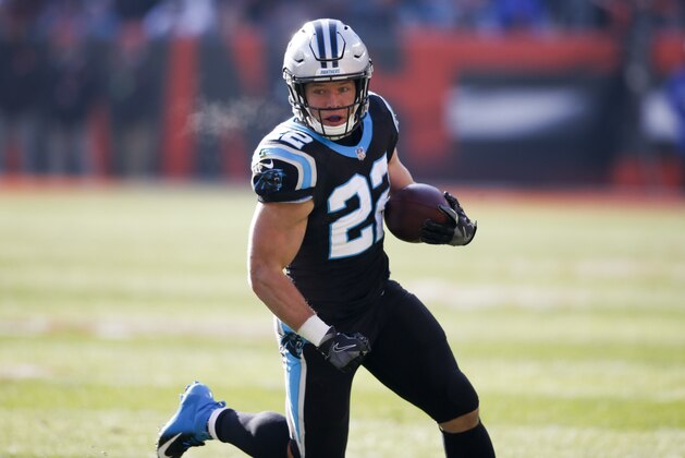 Carolina Panthers running back Christian McCaffrey rushes during the first half of an NFL football game against the Cleveland Browns, Sunday, Dec. 9, 2018, in Cleveland. (AP Photo/Ron Schwane)