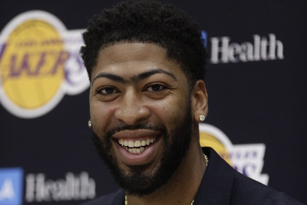 Los Angeles Lakers NBA basketball team introduces Anthony Davis at a news conference at the UCLA Health Training Center in El Segundo, Calif., Saturday, July 13, 2019 (AP Photo/Damian Dovarganes)