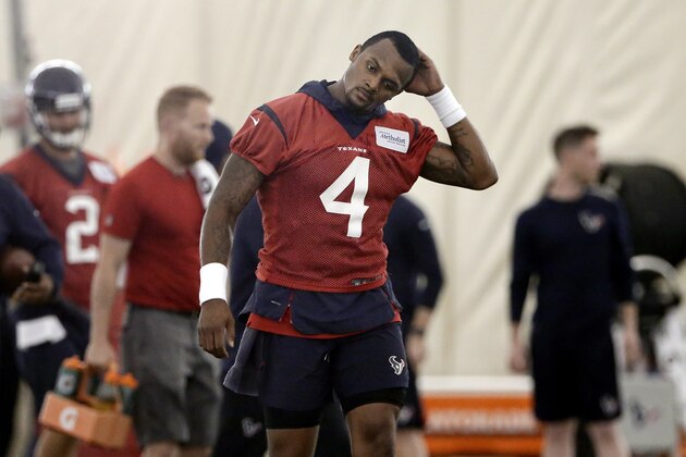 Houston Texans quarterback Deshaun Watson (4) between drills at the team's NFL football training facility in Houston Tuesday, June 11, 2019. (AP Photo/Michael Wyke)