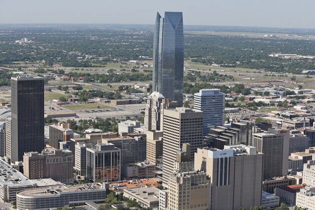 The Oklahoma City skyline is pictured in an aerial photo, Thursday, May 15, 2014. (AP Photo/Sue Ogrocki)