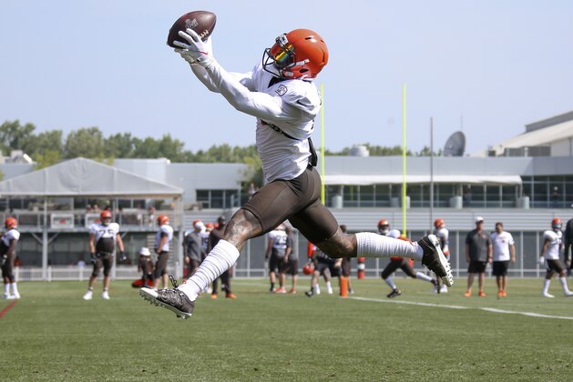 Cleveland Browns wide receiver Odell Beckham Jr. makes a catch during practice at the NFL football team's training facility Monday, July 29, 2019, in Berea, Ohio. (AP Photo/Ron Schwane)