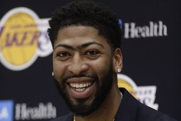Los Angeles Lakers NBA basketball team introduces Anthony Davis at a news conference at the UCLA Health Training Center in El Segundo, Calif., Saturday, July 13, 2019 (AP Photo/Damian Dovarganes)