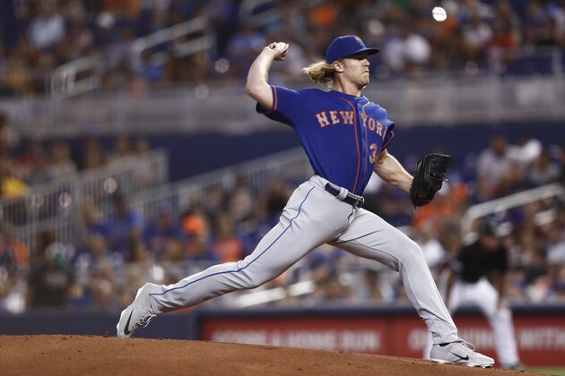 New York Mets starting pitcher Noah Syndergaard (34) in action during a baseball game against the Miami Marlins Saturday, July 13, 2019, in Miami. (AP Photo/Brynn Anderson)