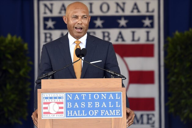 National Baseball Hall of Fame inductee Mariano Rivera, New York Yankees pitcher speaks during an induction ceremony at the Clark Sports Center on Sunday, July 21, 2019, in Cooperstown, N.Y. (AP Photo/Hans Pennink)