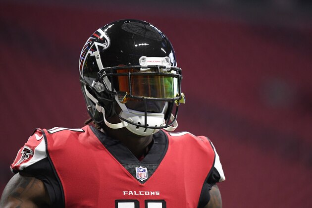 Atlanta Falcons wide receiver Julio Jones (11) warms up before the first half of an NFL football game against the Arizona Cardinals, Sunday, Dec. 16, 2018, in Atlanta. (AP Photo/Danny Karnik)
