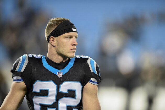 Carolina Panthers running back Christian McCaffrey (22) warms up before the start of a NFL football game against the New Orleans Saints in Charlotte, N.C., Monday, Dec. 17, 2018. (AP Photo/Mike McCarn)