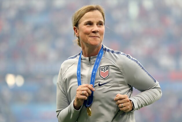 LYON, FRANCE - JULY 07:  Jill Ellis, Head Coach of USA celebrates victory in the 2019 FIFA Women's World Cup France Final match between The United States of America and The Netherlands at Stade de Lyon on July 07, 2019 in Lyon, France. (Photo by Elsa/Getty Images)