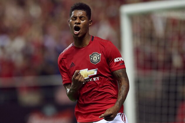 SHANGHAI, CHINA - JULY 25:  Marcus Rashford of Manchester United reacts during the International Champions Cup match between Tottenham Hotspur and Manchester United at the Shanghai Hongkou Stadium on July 25, 2019 in Shanghai, China.  (Photo by Lintao Zhang/International Champions Cup/Getty Images)