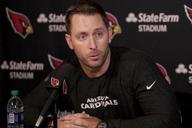 Arizona Cardinals head coach Kliff Kingsbury discusses the upcoming NFL football draft during a news conference, Tuesday, April 16, 2019, in Tempe, Ariz. (AP Photo/Matt York)