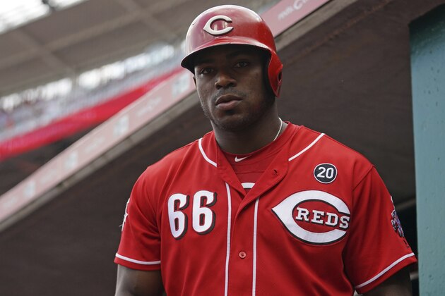 Cincinnati Reds' Yasiel Puig in a baseball game against the Houston Astros, Wednesday, June 19, 2019, in Cincinnati. The Reds won 3-2. (AP Photo/Aaron Doster)