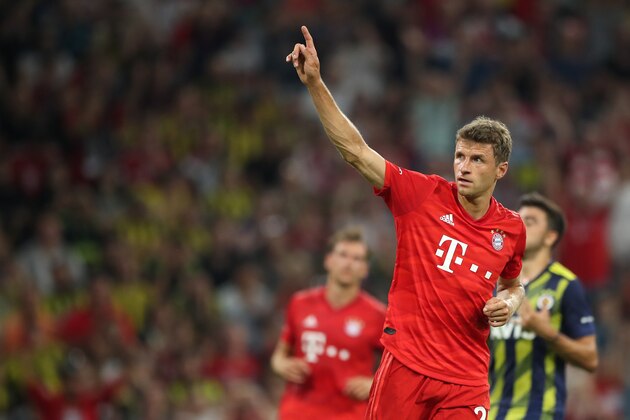 MUNICH, GERMANY - JULY 30: Thomas Mueller of FC Bayern Muenchen celebrates after scoring his team's fifth goal during the Audi cup 2019 semi final match between FC Bayern Muenchen and Fenerbahce at Allianz Arena on July 30, 2019 in Munich, Germany. (Photo by Christian Kaspar-Bartke/Getty Images for AUDI)