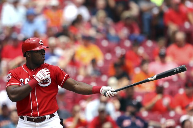 Cincinnati Reds' Yasiel Puig in a baseball game against the Houston Astros, Wednesday, June 19, 2019, in Cincinnati. The Reds won 3-2. (AP Photo/Aaron Doster)